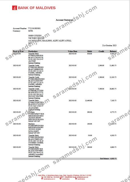 Maldives Bank of Maldives account statement Word and PDF template